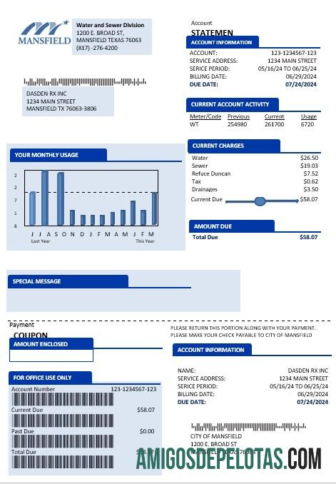 Para baixar modelo de conta de serviços públicos de negócios dos EUA Mansfield Texas em formatos Word e PDF